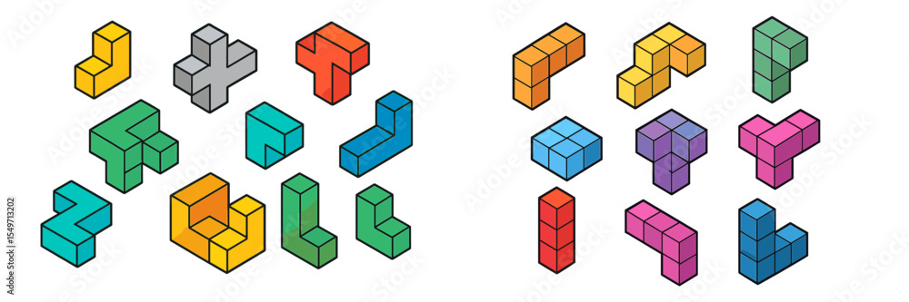 Poster colorful geometric shapes arranged in various configurations for a fun and engaging puzzle challenge