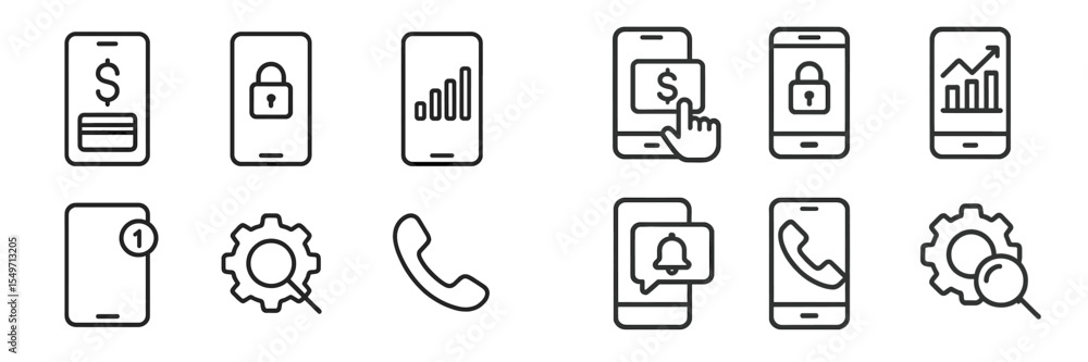 Poster Mobile app icons representing finance, security, and communication features with a minimalistic design on a clean background
