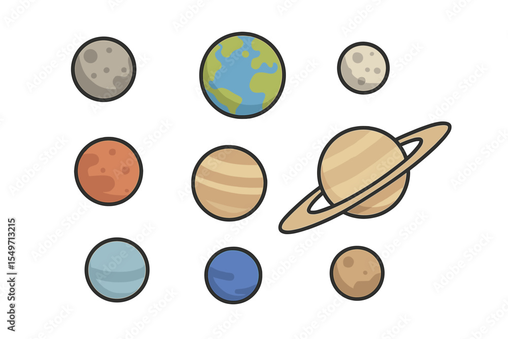 Poster various planets and celestial bodies depicted in a simple and colorful style for educational purpose