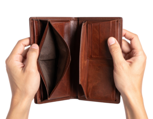 Top View of Hands Holding Open Empty Leather Wallet, Isolated on Transparent Background