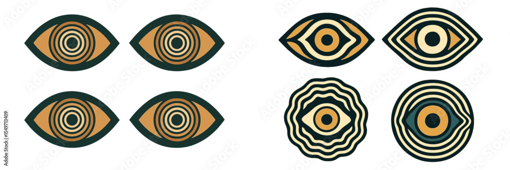 Aufkleber geometric patterns featuring stylized eyes with circular designs and warm colors in a modern art sty