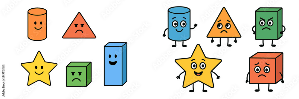 Poster Fun and engaging colorful geometric shapes with faces expressing various emotions in a playful setting