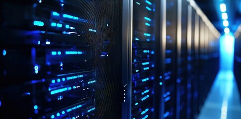Close up view of modern server racks with glowing blue lights in a secure data center hallway, perfect for cloud computing, hosting, or cybersecurity concepts