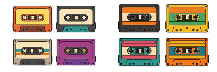 Naklejka premium Colorful collection of vintage cassette tapes showcasing various designs and colors in a nostalgic arrangement