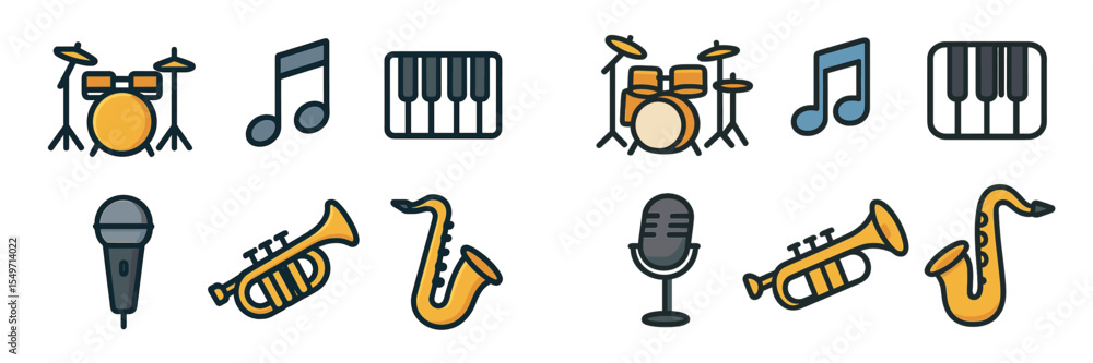 Poster colorful music icons representing various instruments and elements of a vibrant musical performance 