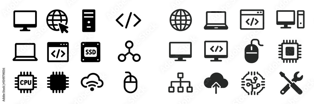 Fototapete Digital technology icons and symbols used in software development and computer networking displayed on a white background