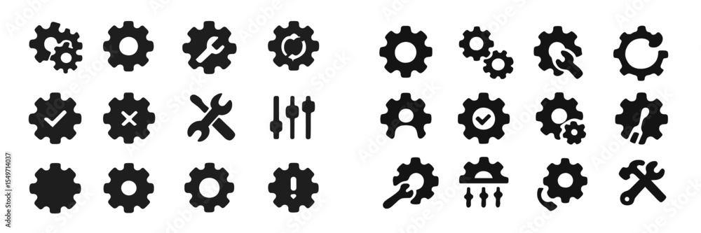 Poster collection of black gear icons representing tools, settings, and mechanical functions for design and