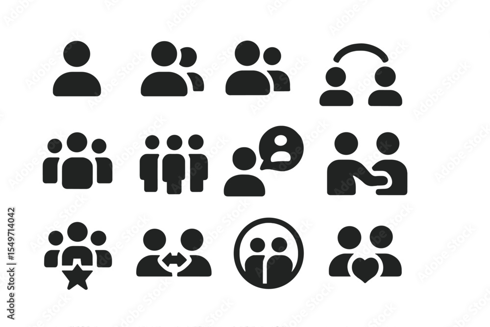 Poster collection of social interaction icons illustrating various relationships and communications in a mo