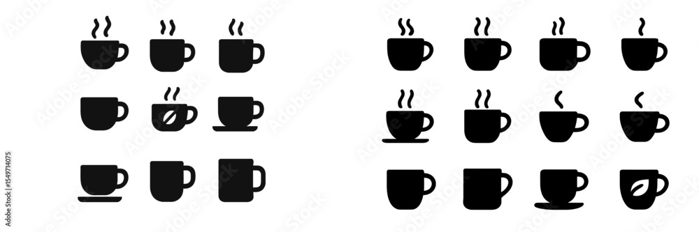 Poster Various coffee cup icons in black and white designs displayed in a grid format suitable for digital use or branding projects