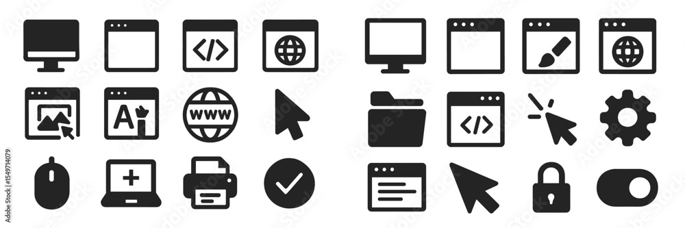 Aufkleber collection of black and white icons representing digital technology and web design tools in a grid l