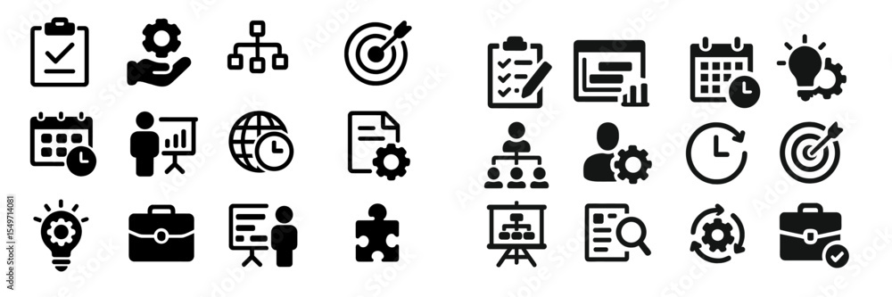 Poster collection of icons representing project management, planning, strategy, and teamwork in a professio