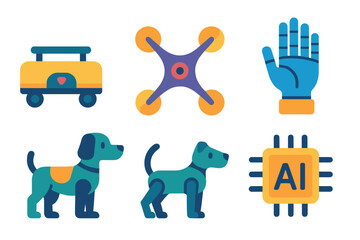 Fototapeta premium Colorful collection of illustrated technology and animals showcasing innovation and companionship in a playful design
