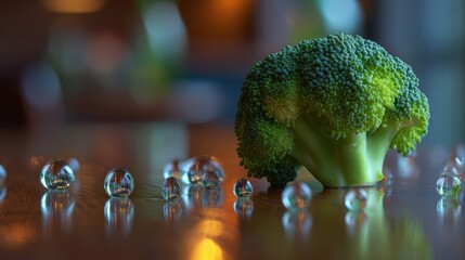 Broccoli floret with water beads on a softly blurred farm-to-table restaurant backdrop under perfect lighting