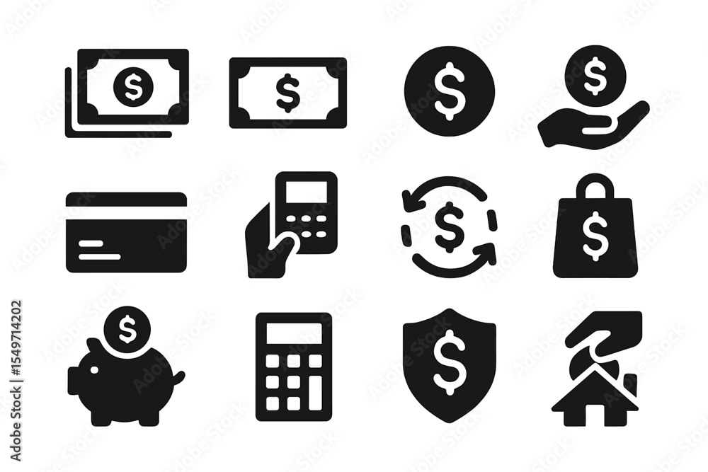 Poster money management symbols displayed through various icons representing transactions, savings, and fin