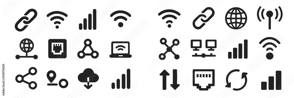 Aufkleber Collection of connection and communication icons displaying various networking symbols and signals in a flat design