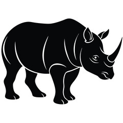 Fototapeta premium Stylized black silhouette of a rhinoceros with a prominent horn on a white background
