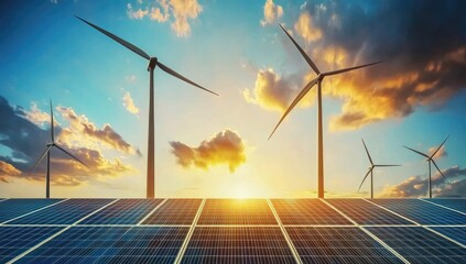 Wind turbines and solar panels at sunset