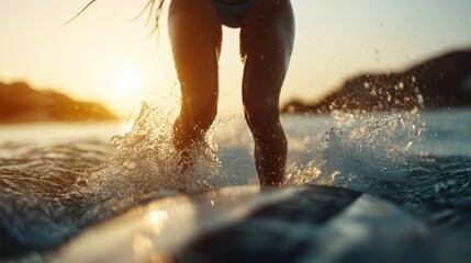 An exhilarating image capturing a surfer's thrilling ride on ocean waves during a breathtaking sunset, reflecting a sense of adventure and freedom in water sports.