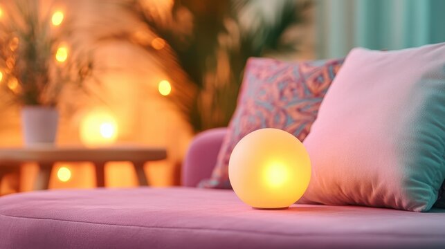 A cozy living room setting features a pink sofa and a glowing orb lamp that emanates a warm ambiance, perfect for relaxation or intimate gatherings with friends or family. - Powered by Adobe