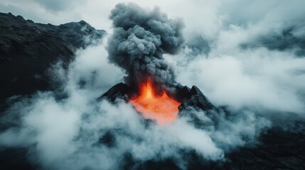 An awe-inspiring view of a volcano erupting with fiery lava and dense smoke amidst a dramatic cloudy background, representing the raw power and unpredictability of nature.