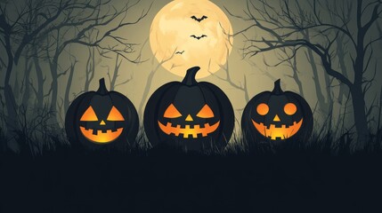 Halloween pumpkins in a spooky forest at night