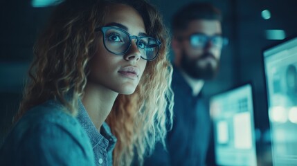 Two professionals work intently in a dimly lit office, highlighting the focused environment of a modern digital workspace and the importance of collaboration and creativity.