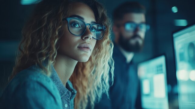 Two professionals work intently in a dimly lit office, highlighting the focused environment of a modern digital workspace and the importance of collaboration and creativity.