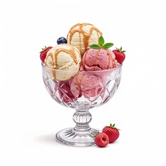 Delicious ice cream scoops in a crystal glass with strawberries and caramel sauce on a bright white background