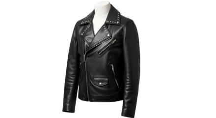 Biker Jacket Displays on Mannequin with Studs and Zippers on Transparent Background