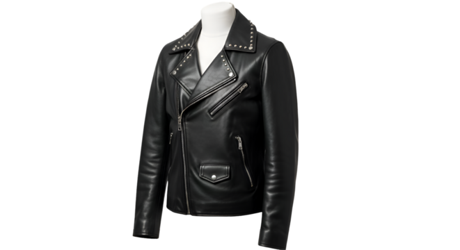 Biker Jacket Displays on Mannequin with Studs and Zippers on Transparent Background