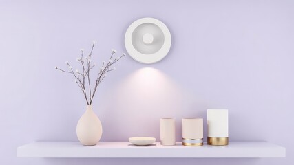 Minimalist studio shelf arrangement featuring a vase with delicate blossoms, lighting fixture, and assorted decorative objects on a purple background