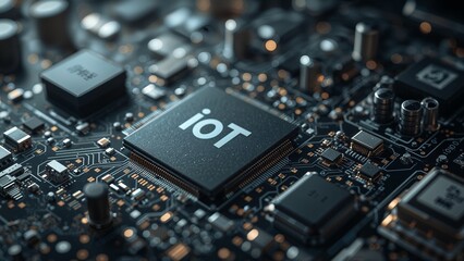 Close-up of a cutting-edge computer chip with 'IoT' printed on its surface, surrounded by intricate circuitry and glowing components, symbolizing the Internet of Things and smart technology