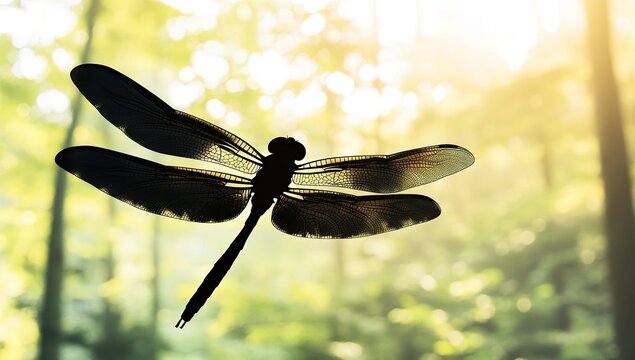 Silhouette of dragonfly in forest