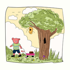 Cute little bear take honey from bee house illustration