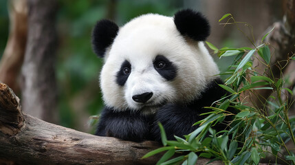 Fototapeta premium Cute giant panda sitting on a tree branch while eating bamboo in a lush green forest. Close-up wildlife shot in natural habitat, ai