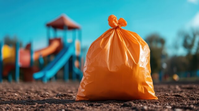 A vibrant orange garbage bag stands prominently on the ground near a playground, highlighting the importance of cleanliness and environmental awareness in public spaces.