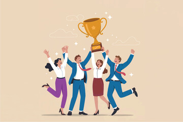 Team celebrating victory with trophy isolated on transparent background