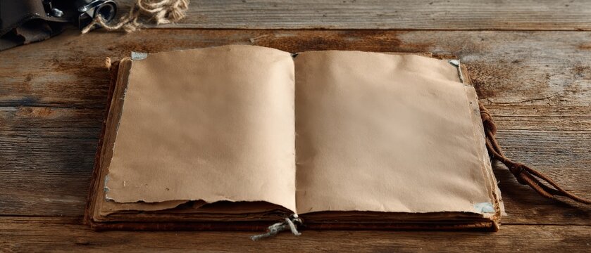 Open antique book with blank pages on rustic wooden table, ready for writing or drawing Concept of vintage, memories, history, and storytelling