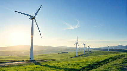 Wind turbines on green field during sunset, generating renewable energy in serene rural landscape