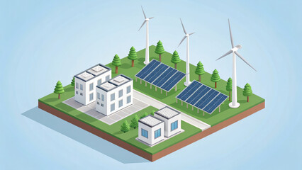 3D isometric illustration of sustainable energy system featuring solar panels, wind turbines, modern buildings, and green trees on grassy plot