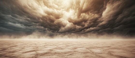 Dramatic Desert Landscape with Ominous Cloud Formation and Expansive Sand Terrain Capturing a Sense of Vastness and Atmospheric Tension