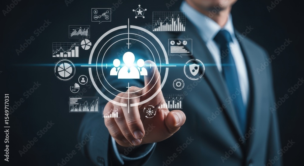 Poster photo of businessman pointing at a digital interface showing target and data analytics