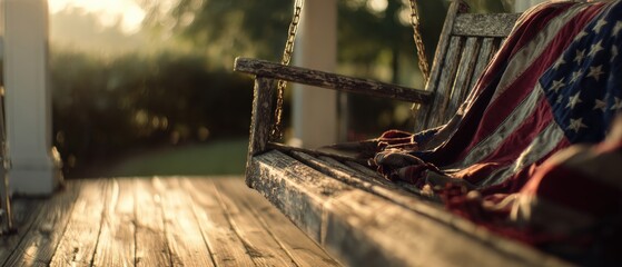 American flag draped on a rustic wooden porch swing at sunset, evoking patriotism and remembrance Concept of memorial day, independence day, and summer