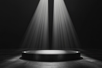 Dark, spotlight-lit, circular podium