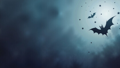 Fototapeta premium Flying bats with stars on blue gradient background, with space for text