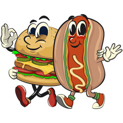 cute hot dog mascot cartoon vector illustration walking with a burger character, funny fast food character isolated on transparent background, work of hand drawn