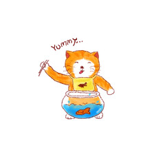 cute cat want to eat fish from fish bowl illustration