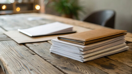 Naklejka premium Stack of documents and leather notebook on rustic wooden table in cozy workspace with blurred background