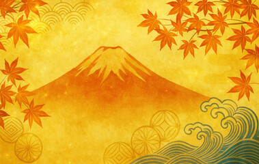 Golden Japanese Autumn Background with Mt. Fuji and Maple Leaves