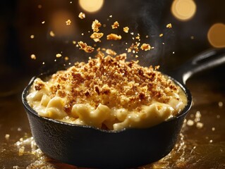 A classic American mac and cheese with a golden, crispy breadcrumb topping, served in a cast iron skillet
